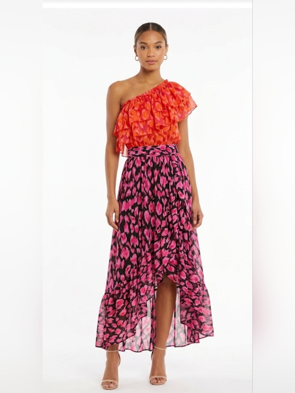 LA MISA Orange  and Pink Ruffled One-Shoulder Dress, Size M